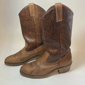 Women's Floral Imprinted Brown Leather Cowboy Boots Shoes  Size 8 D
